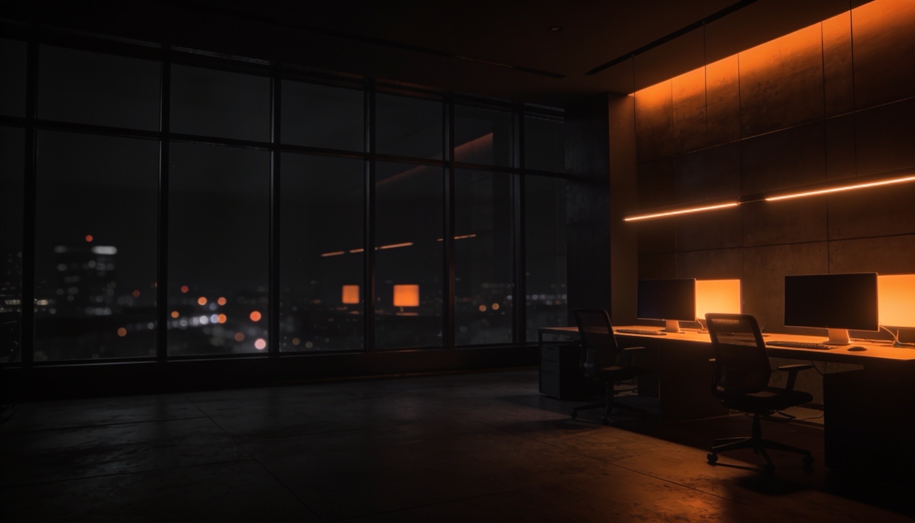 Interior de agência de marketing moderna à noite em Teresina, com iluminação laranja e vista da cidade